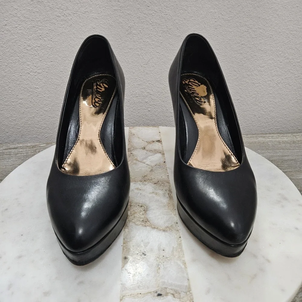 Gucci Black Leather Platform Pumps Heels Sz 37 US 7